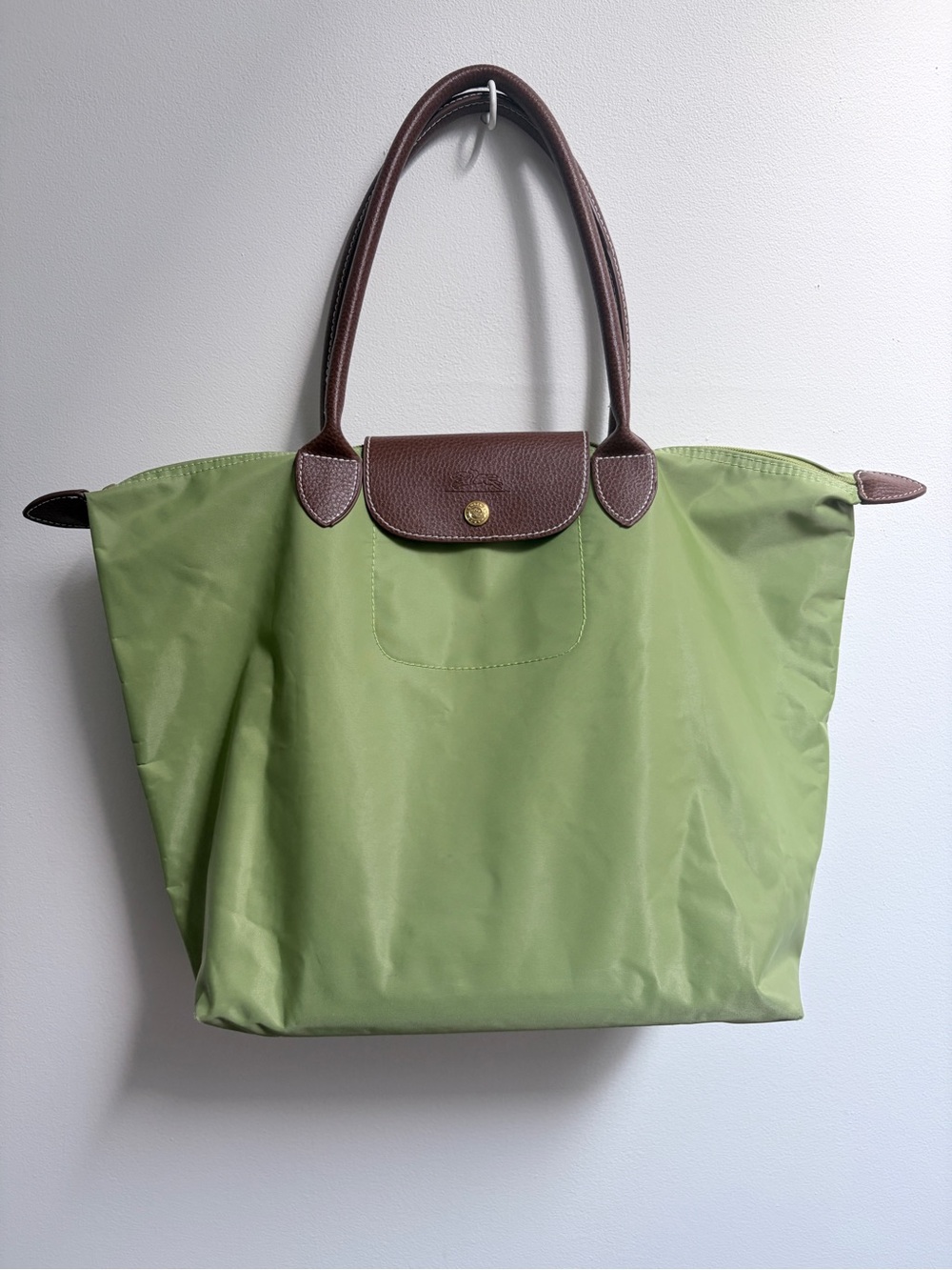 Large Nylon Tote Bag in Green with Brown Shoulder Handle